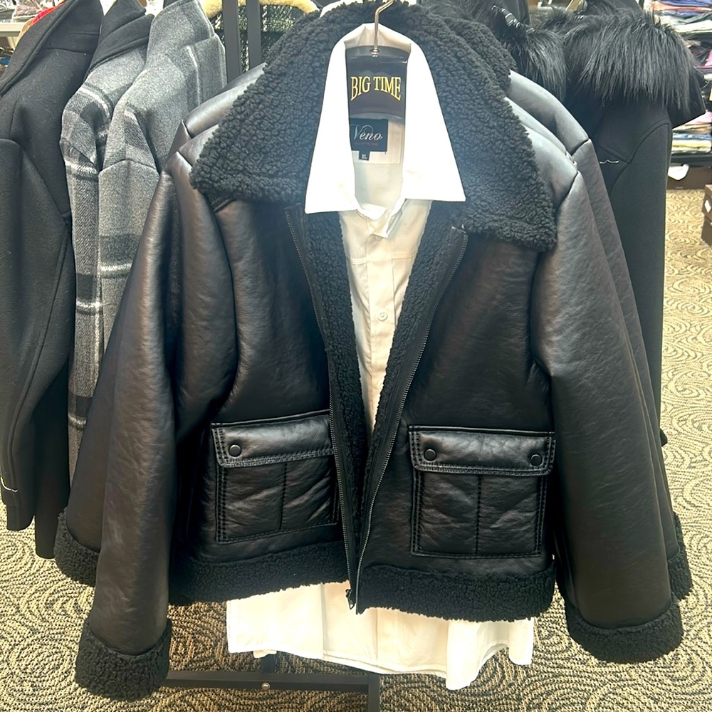 Prestige Men’s Black Faux leather Moto Waist Length Jacket w/ Faux Fur Trim